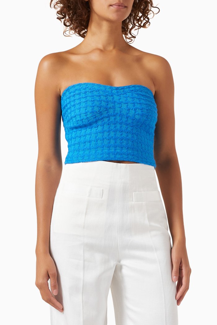 

Varenne Buttoned Bandeau Top in Tweed, Blue