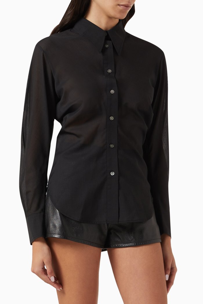 

Shirred Slim-fit Shirt in Wool-blend, Black