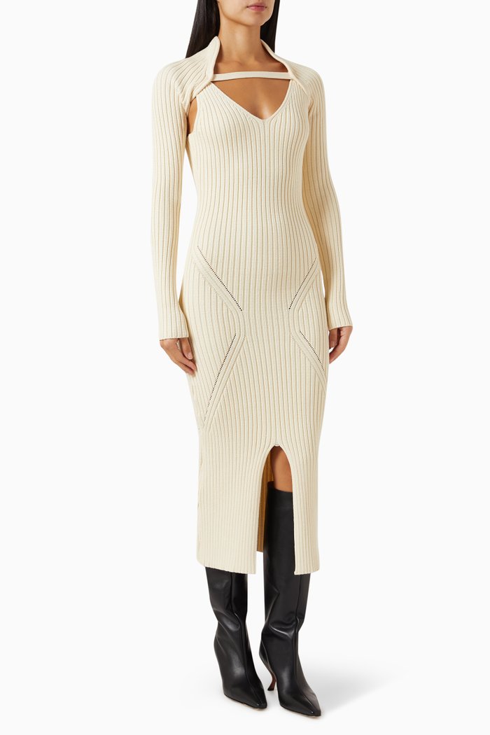 

Ribbed Bolero & Midi Dress Set in Viscose-blend Knit, Neutral