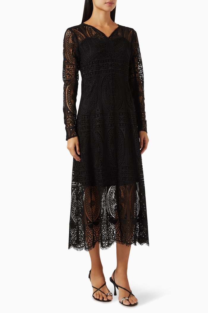 

V-neck Midi Dress in Lace, Black