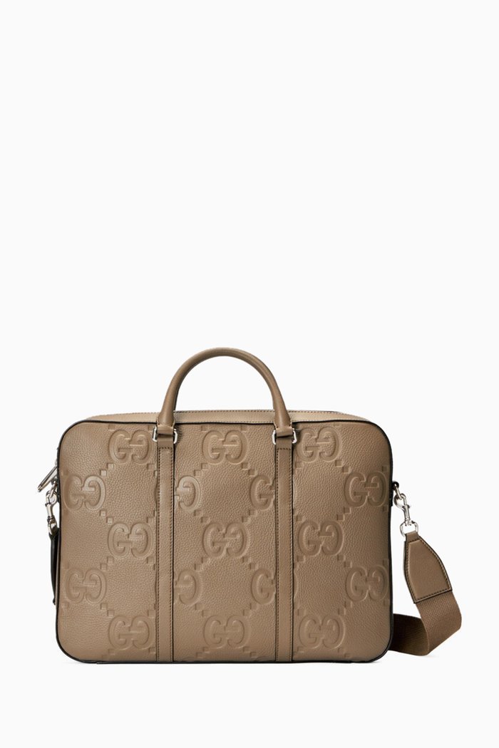 Jumbo GG Zip Briefcase in Leather, Neutral