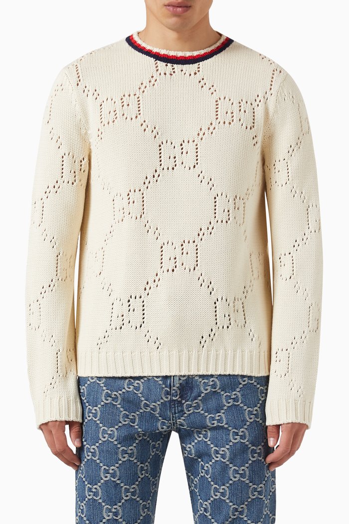 

Perforated GG Sweater in Cotton, Neutral