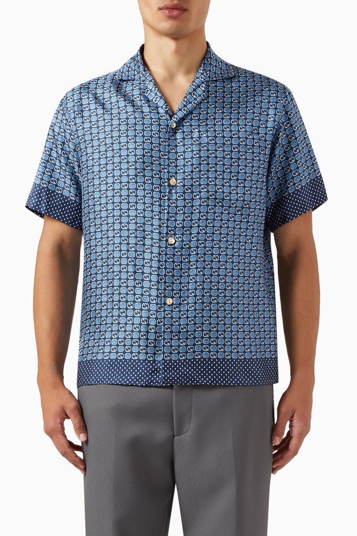 

Printed Bowling Shirt in Silk, Blue
