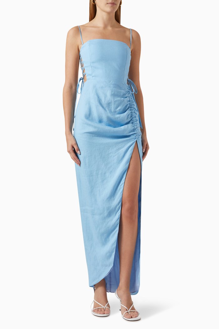 

Pepper Lace-up Maxi Dress in Linen, Blue