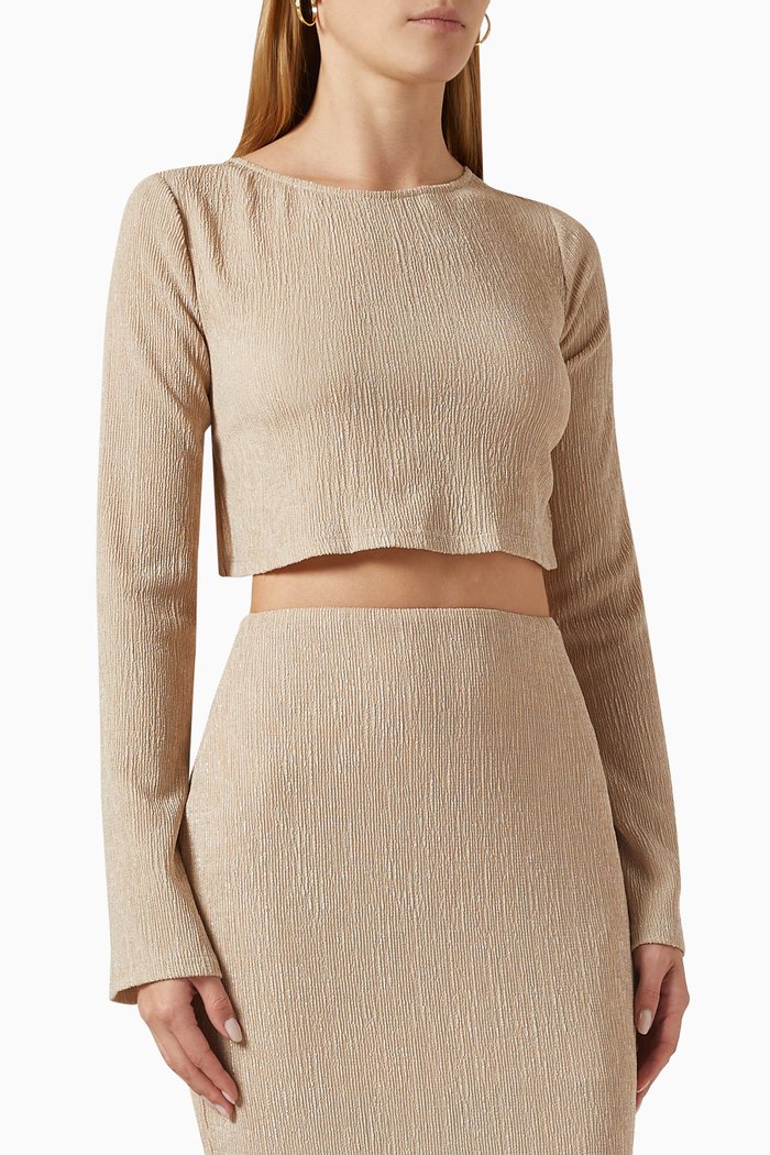 Tucker Long Sleeve Crop Top in Crinkle-knit, Neutral