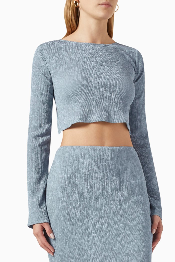 Tucker Long Sleeve Crop Top in Crinkle-knit, Blue