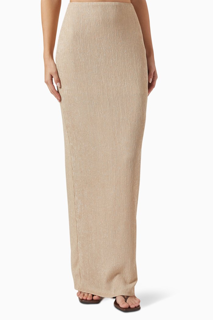 Tucker Pencil Maxi Skirt in Crinkle-knit, Neutral
