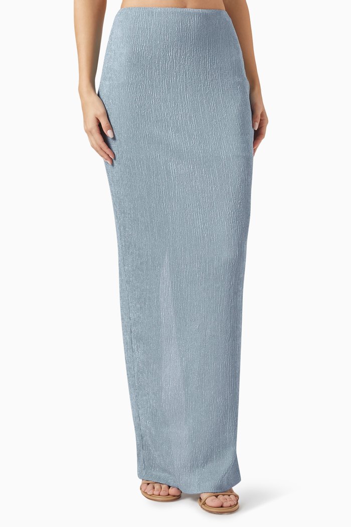 Tucker Pencil Maxi Skirt in Crinkle-knit, Blue