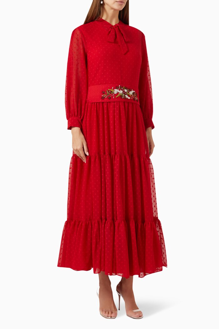 

Rosalia Gathered Maxi Dress in Chiffon, Red