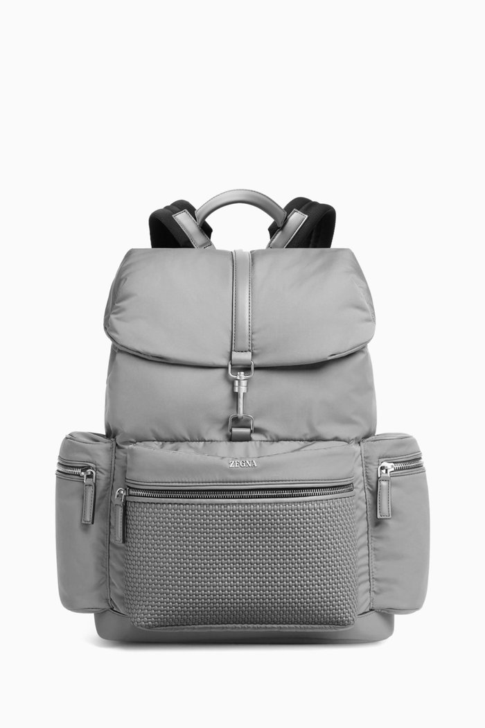 

Pelletessuta Flap Backpack in Nappa Leather & Technical Fabric, Grey