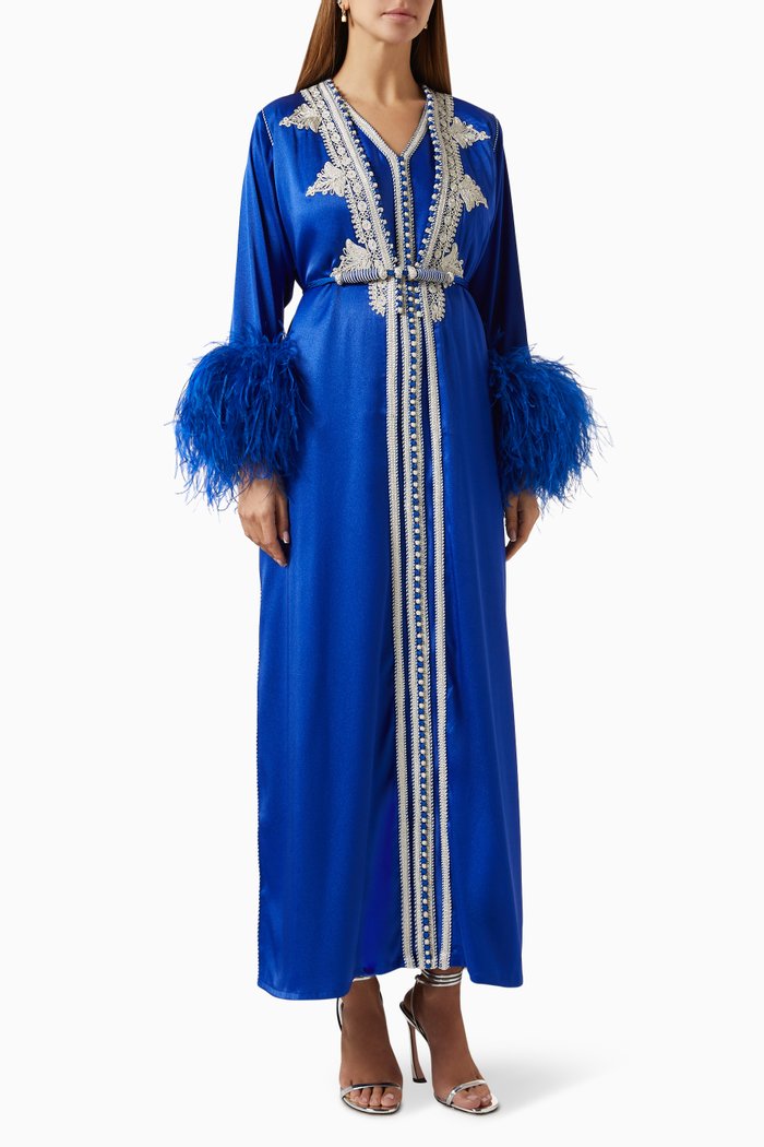 

Feather-trimmed Embroidered Moroccan Kaftan Set, Blue