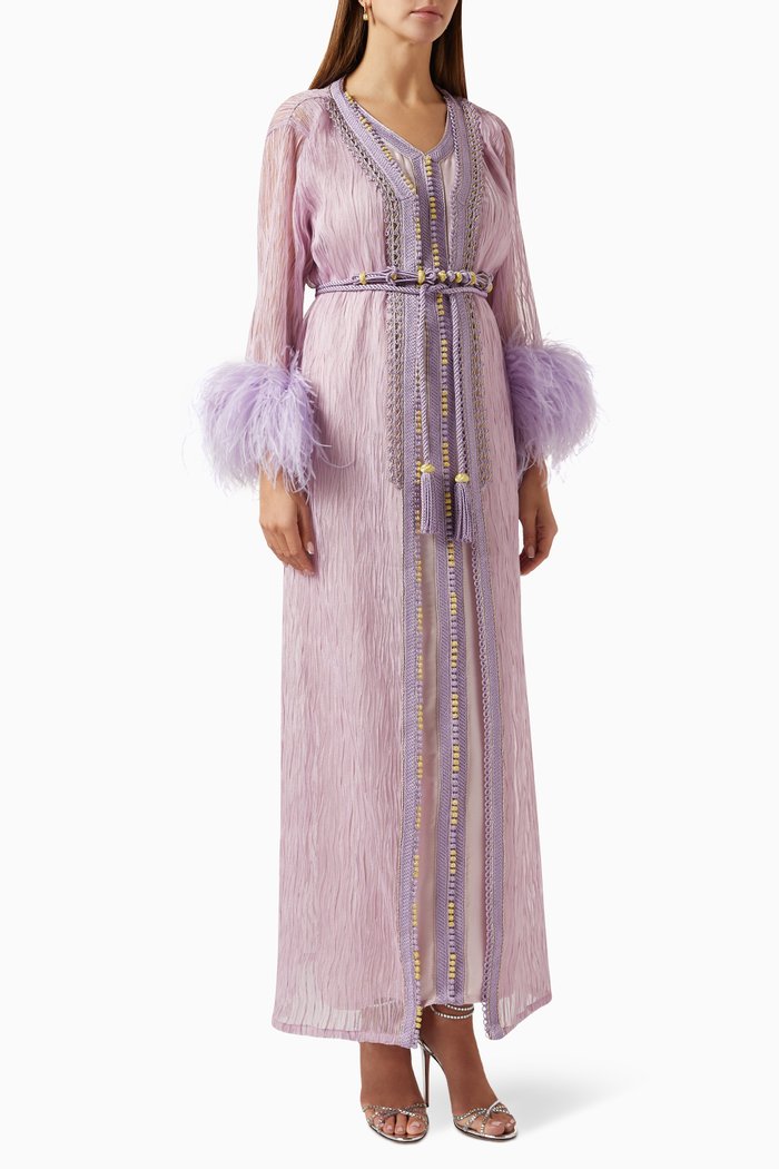 Pleated Feather-trim Moroccan Kaftan Set, Purple