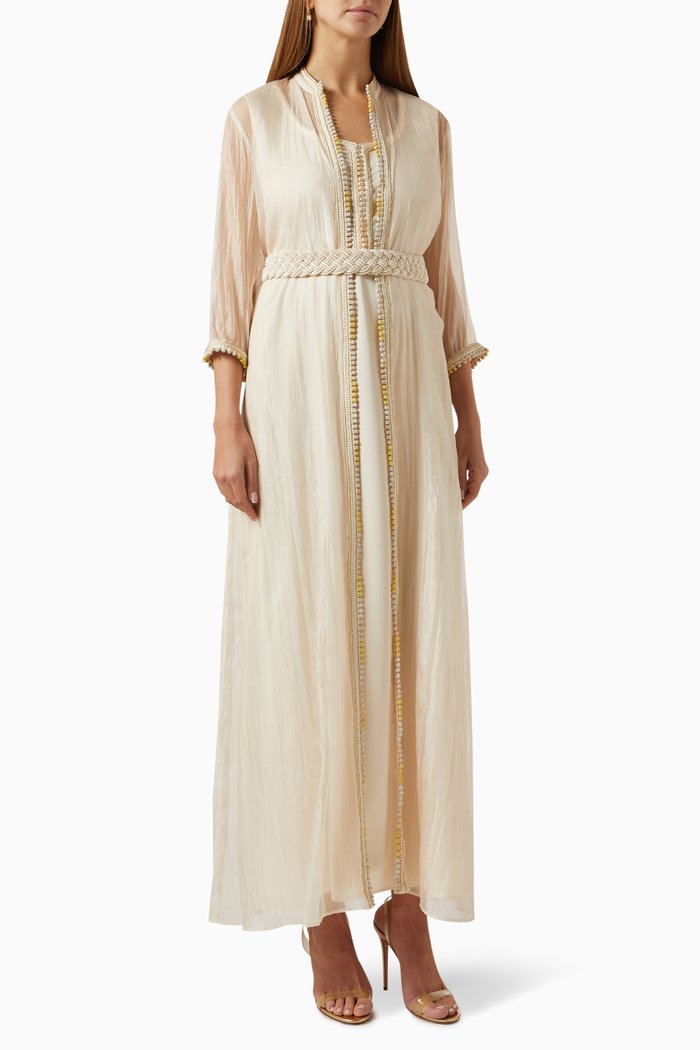 

Feather-trim Morroccan Kaftan Set, Orange