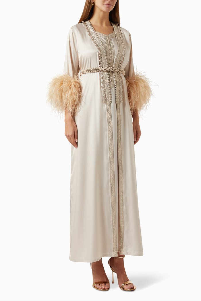 

Feather-trimmed Embroidered Moroccan Kaftan Set, Neutral