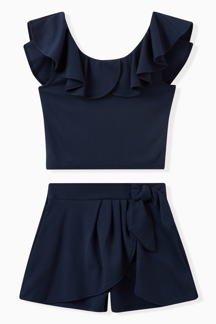 

Ruffled Top & Mock Wrap Shorts Set in Rayon Blend, Blue