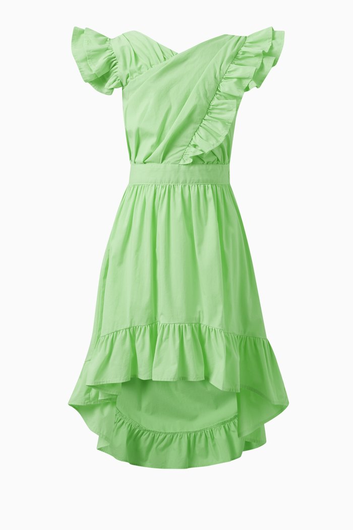 

Wrap Ruffled Dress in Cotton Blend, Green
