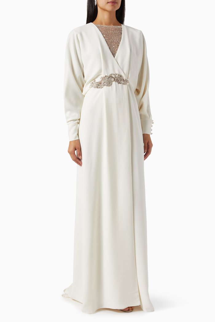 

Belted Maxi Dress in Crepe Satin, White