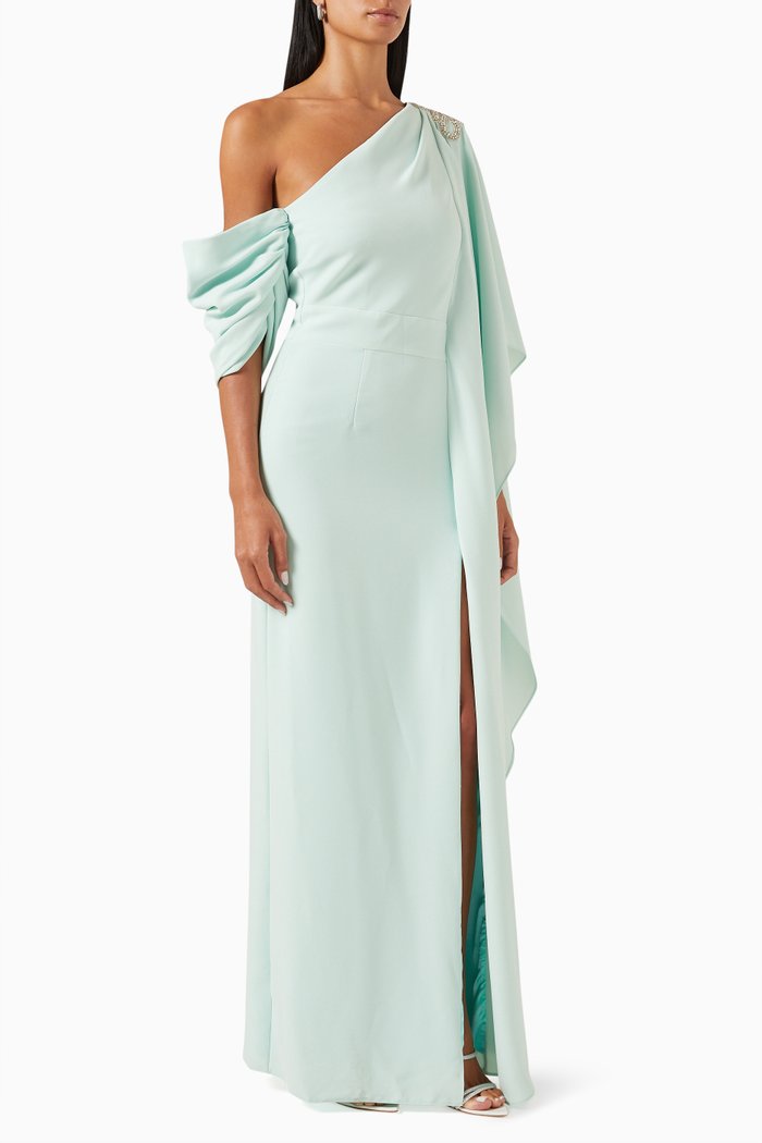 Crystal-embellished One-shoulder Dress, Green