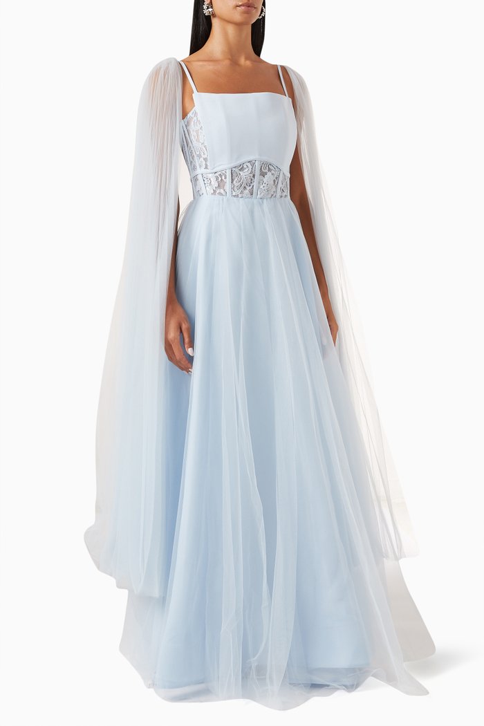 

Corset Flared Dress in Tulle, Blue