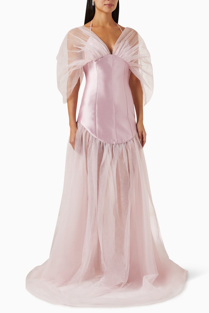 

Cape Shoulder Dress in Tulle, Pink