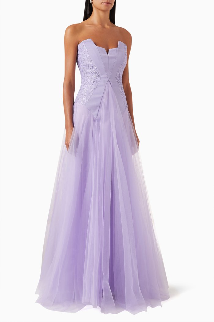 

Strapless Dress in Lace & Tulle, Purple