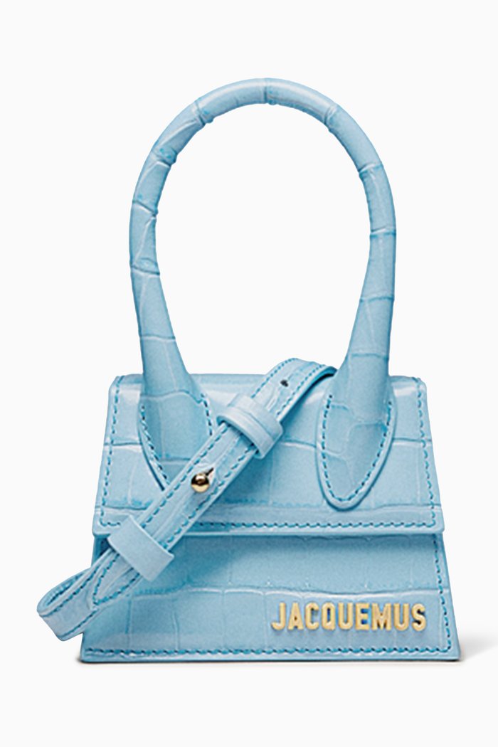 Le Chiquito Signature Mini Tote Bag in Croc-embossed Leather, Blue