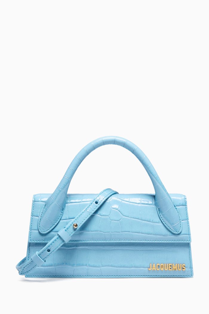 

Le Chiquito Long Tote Bag in Croc-embossed Leather, Blue