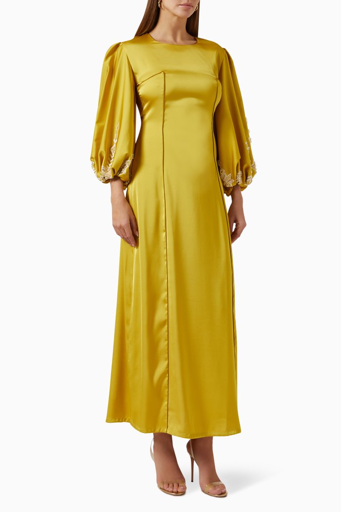 Puff-sleeve Maxi Dress in Satin, Green