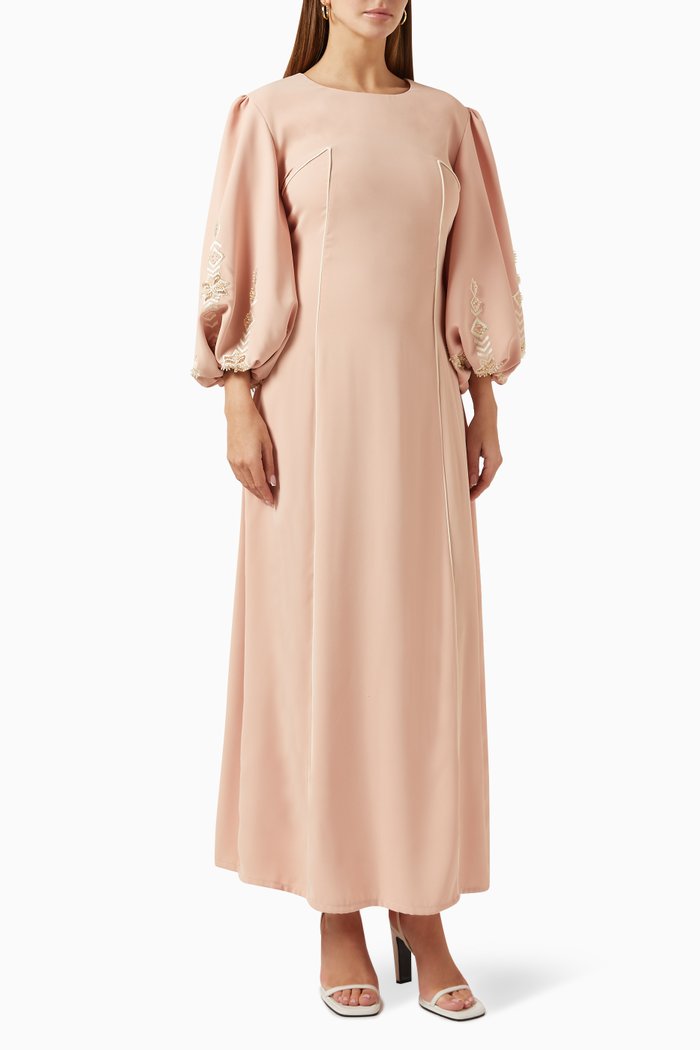 

Puff-sleeve Maxi Dress in Satin, Pink