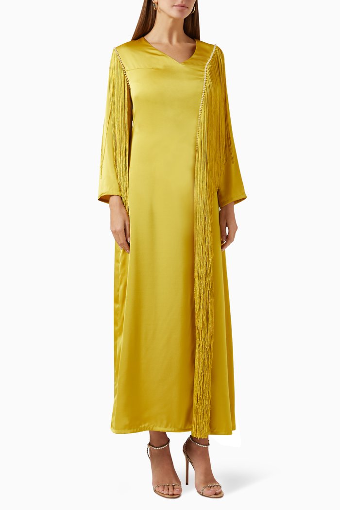Fringe Maxi Dress in Crepe, Green