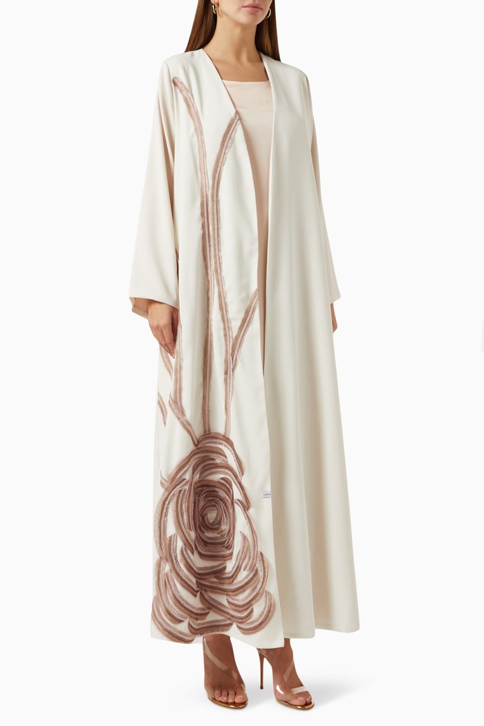 Embellished Rose Abaya Set in Crepe, Neutral
