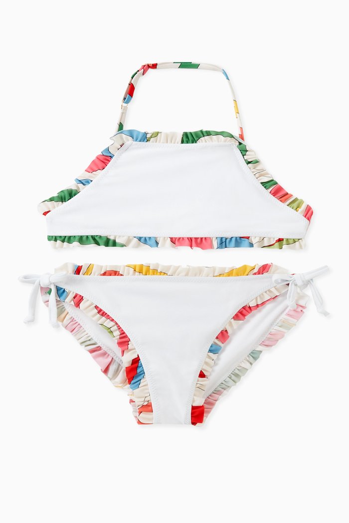 

Marmo-Print Ruffled Bikini in Lycra, White