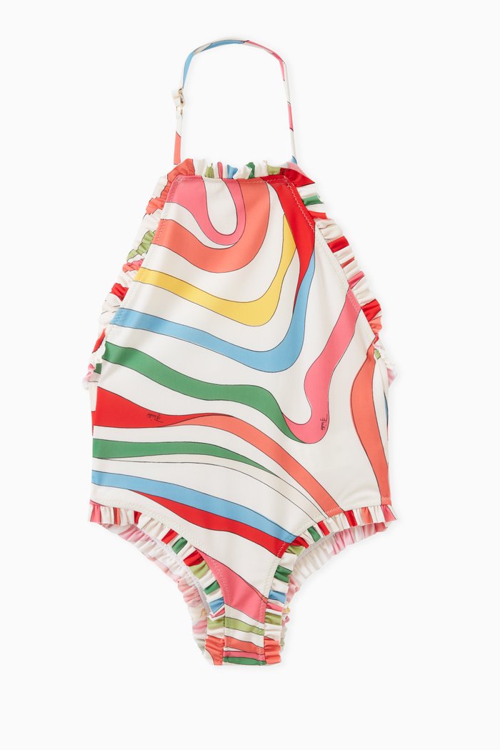 

Marmo-Print Ruffled Swimsuit in Lycra, Multicolour