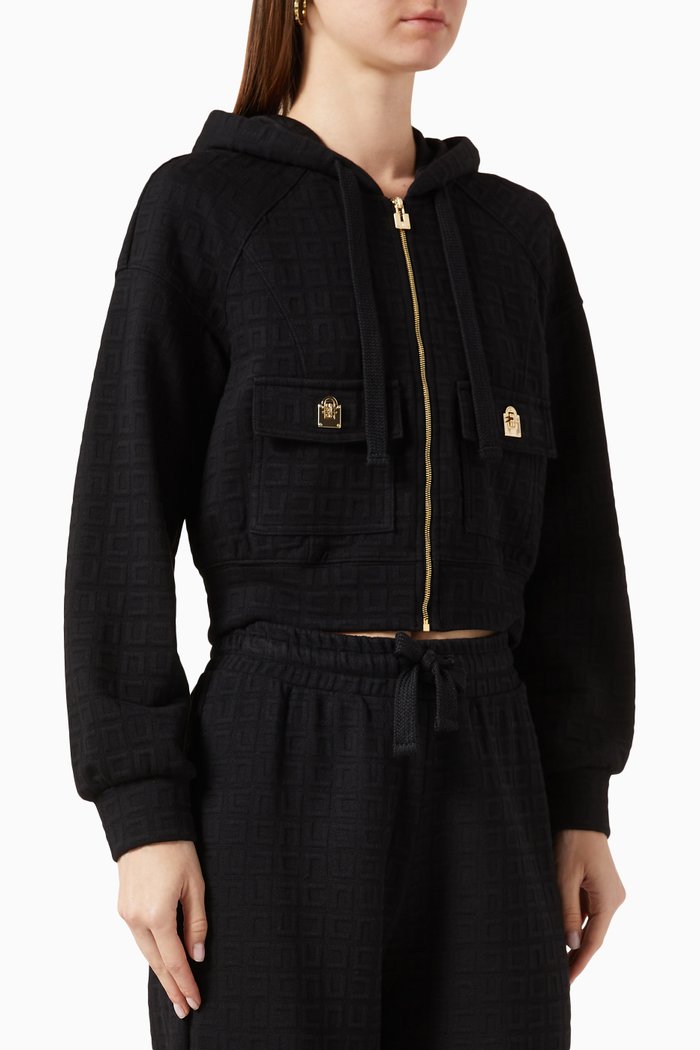 

Logo-embossed Zipped Hoodie in Jacquard Fleece, Black