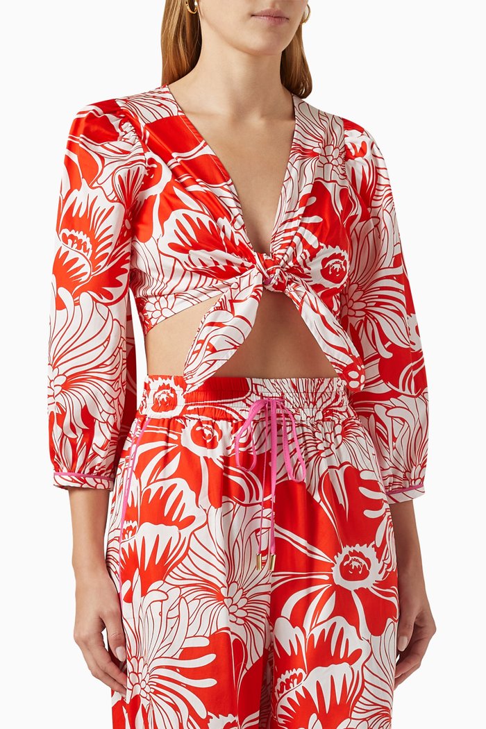 Manuel Printed Tie-front Top in Cotton, Red