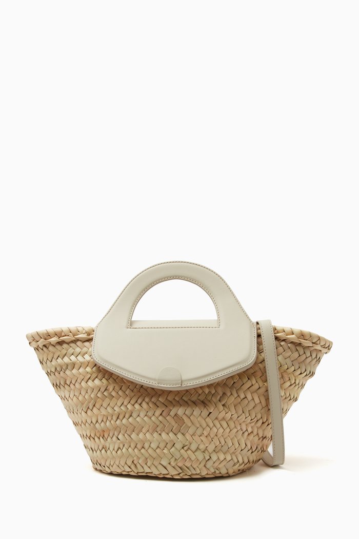 

Medium Alqueria Flap Tote Bag in Straw & Leather, Neutral