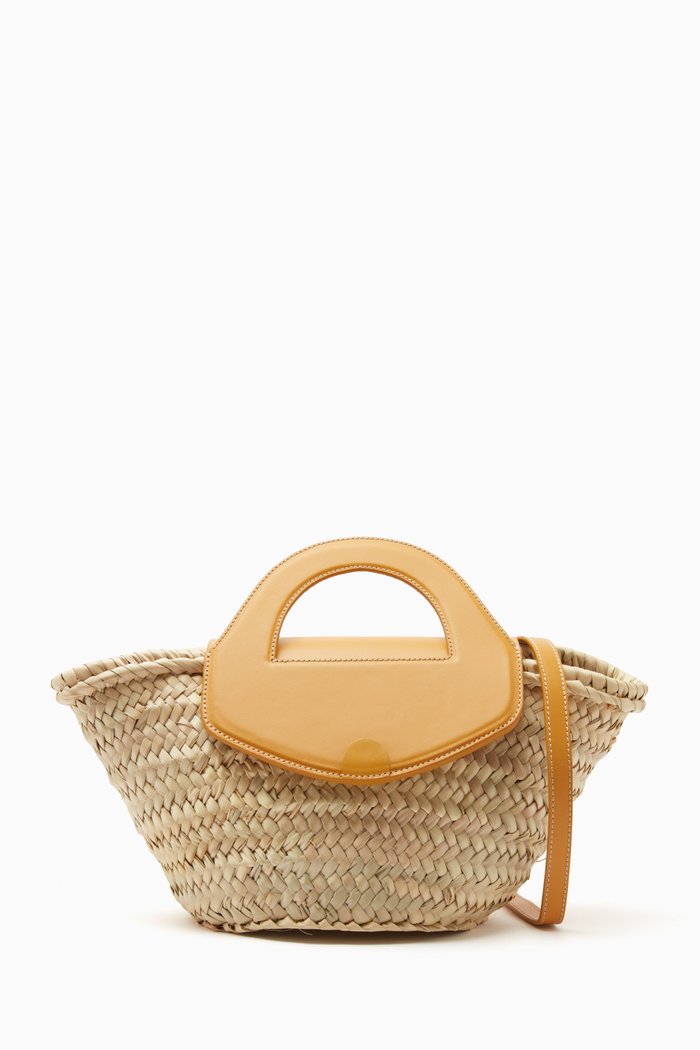 Medium Alqueria Flap Tote Bag in Straw & Leather, Yellow