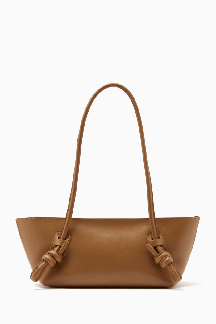 

Small Fleca Knot Handle Baguette Tote Bag in Leather, Brown