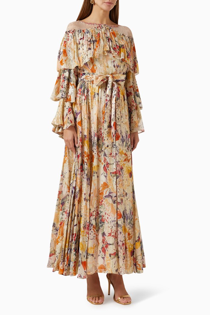 

Printed Brasso Maxi Dress in Organza, Yellow