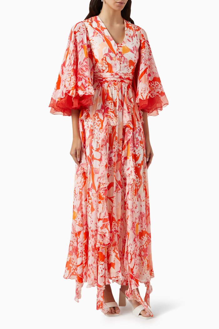 

Printed Flared-sleeve Maxi Dress in Chiffon & Organza, Orange