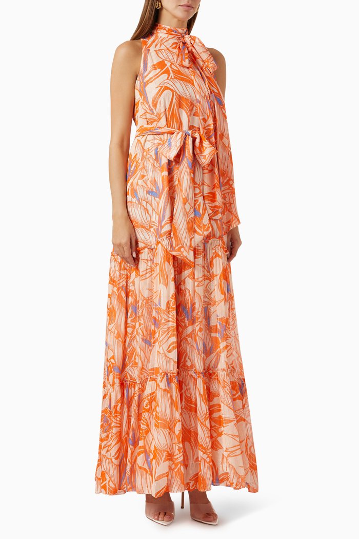 

Printed Halterneck Maxi Dress in Lurex Georgette, Orange