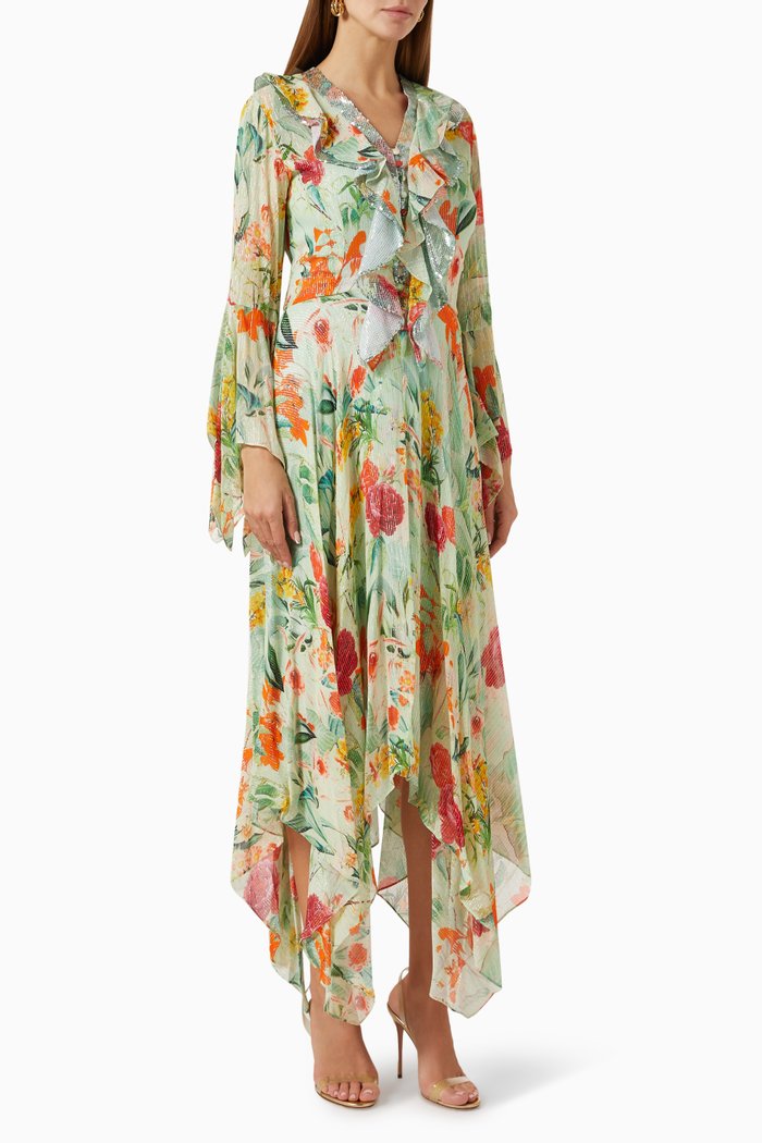 

Floral-print Ruffled Maxi Dress in Lurex Georgette, Green