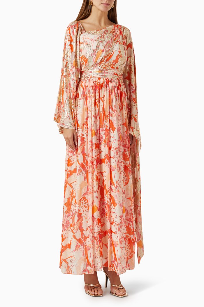 

Printed One-shoulder Maxi Dress in Lurex Georgette, Orange