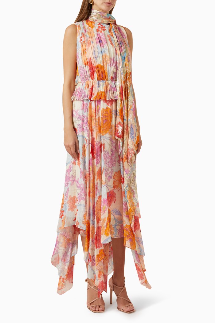 

Floral-print Pleated Maxi Dress in Lurex Georgette, Orange