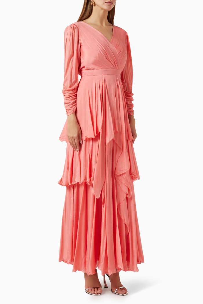 

Layered Ruffle Maxi Dress in Chiffon, Red