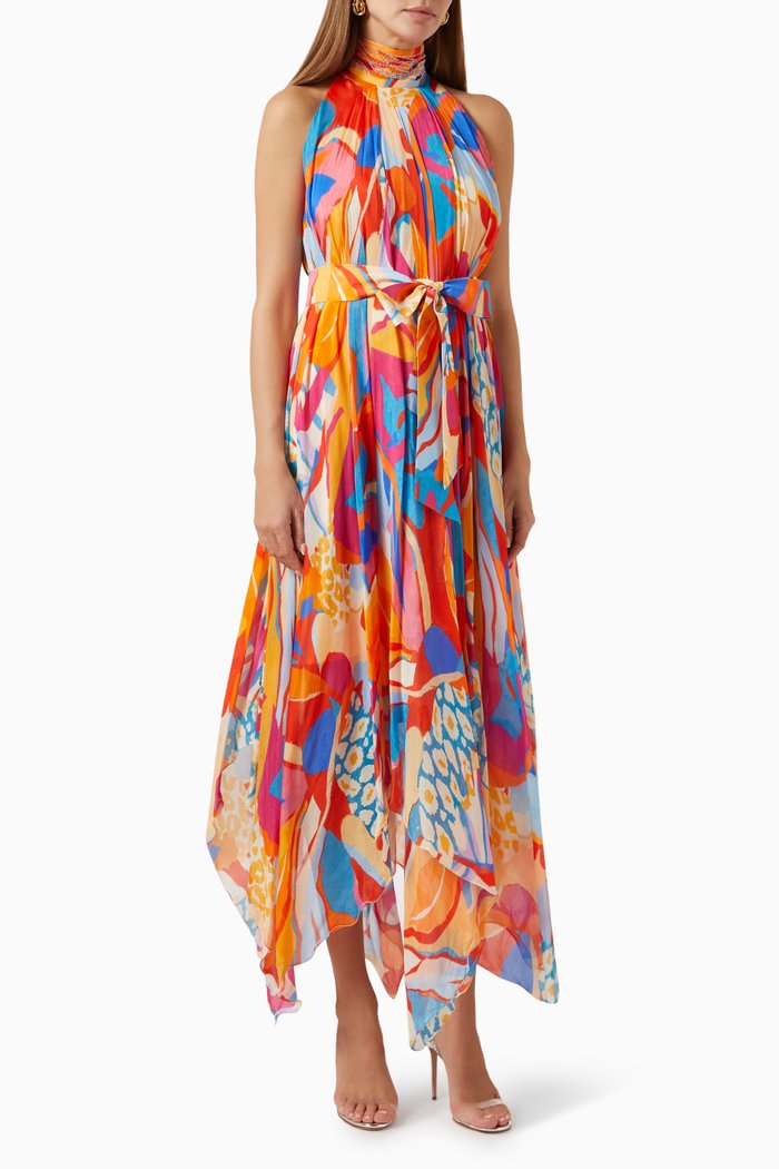

Printed Halterneck Midi Dress in Chiffon, Multicolour