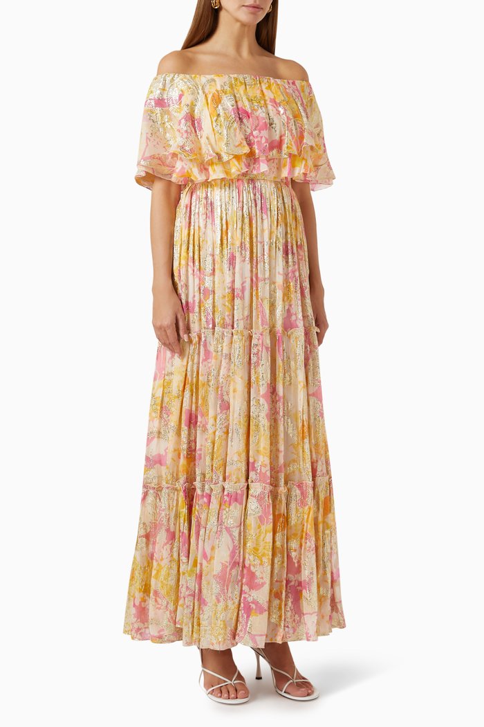 

Off-shoulder Printed Maxi Dress in Lurex Chiffon, Yellow