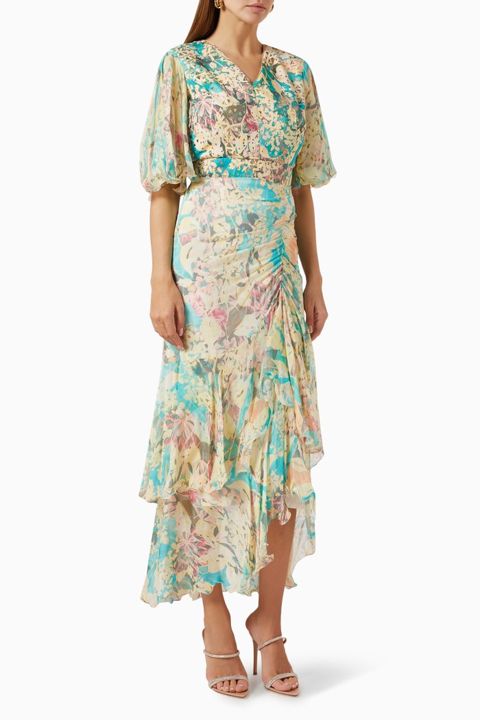 

Floral-print Midi Dress in Scuba & Chiffon, Green