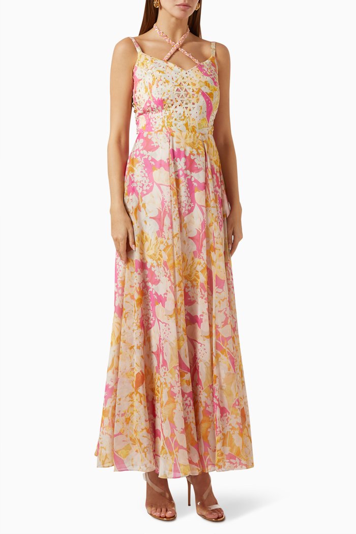 Floral-print Strappy Maxi Dress in Scuba & Chiffon, Yellow