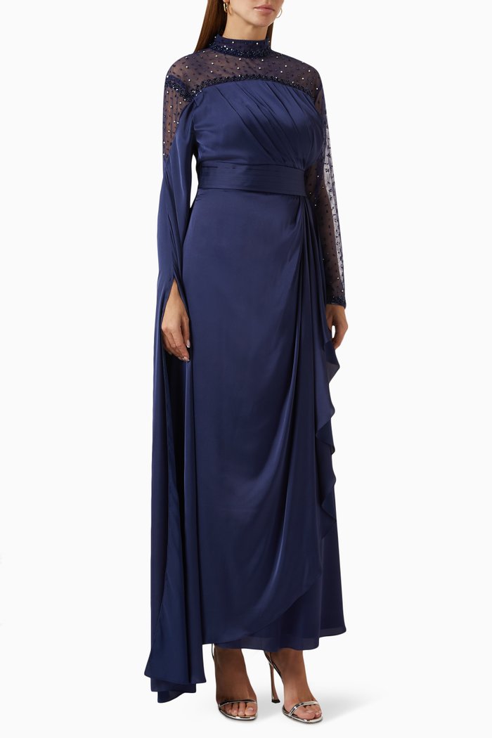 

Embellished Draped Maxi Dress in Satin, Blue